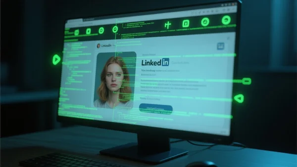 Plan serré sur un écran d'ordinateur affichant le profil LinkedIn d'un utilisateur, avec en superposition des lignes de code et des icônes d'extensions de navigateur scintillantes, ambiance numérique et inquiétante