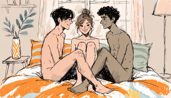 Femme nue assise entre deux partenaires nus sur un lit, une main posée sur la cuisse de chaque, ambiance intime