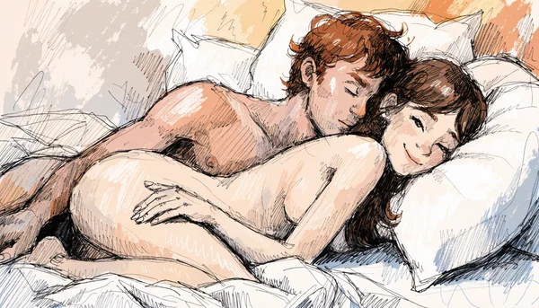 Pénétration vaginale en position latérale, femme nue allongée sur le côté, dos contre le torse nu de son partenaire, intimité et calme