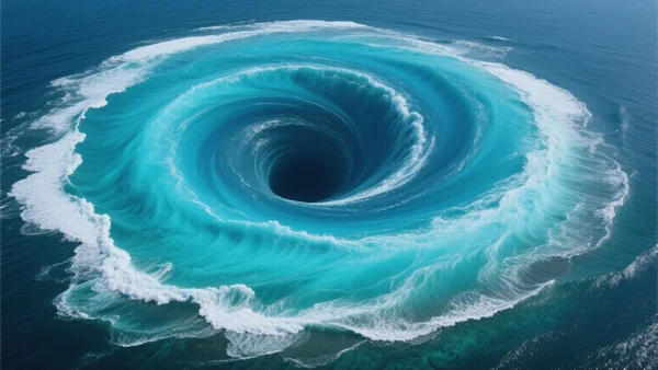 Vue aérienne d'un immense vortex d'eau bleu profond dans l'océan Atlantique, montrant des courants puissants et tourbillonnants qui s'entremêlent