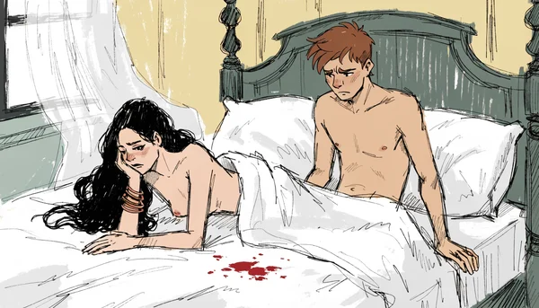 Femme et homme nu dans un lit, regardant des taches de sang sur les draps blancs avec inquiétude, lumière naturelle