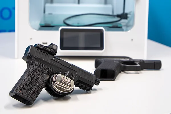 Deux pistolets imprimés en 3D avec des détails texturés, posés devant une imprimante 3D.