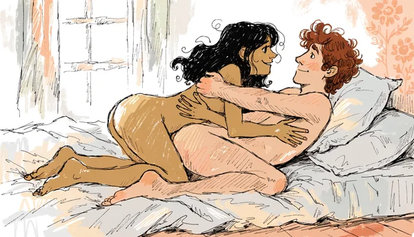 Deux personnes nues, aux silhouettes et expressions neutres, enlacées tendrement sur un lit, peau contre peau, dans une atmosphère de calme et de complicité