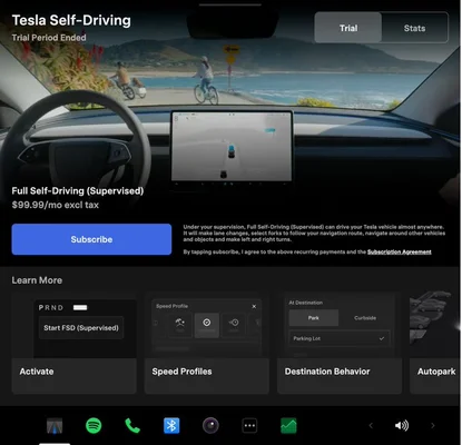 Menu d'abonnement pour le logiciel de conduite autonome supervisée de Tesla.