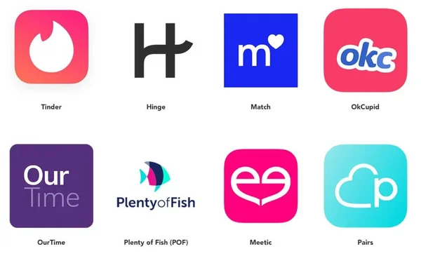 Les principales applications de rencontres du groupe Match Group, dont Tinder et Hinge.