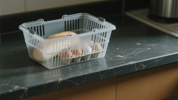 Gros plan sur un panier de courses très peu rempli, contenant quelques produits de base, posé sur un comptoir de cuisine sombre et usé, lumière naturelle froide