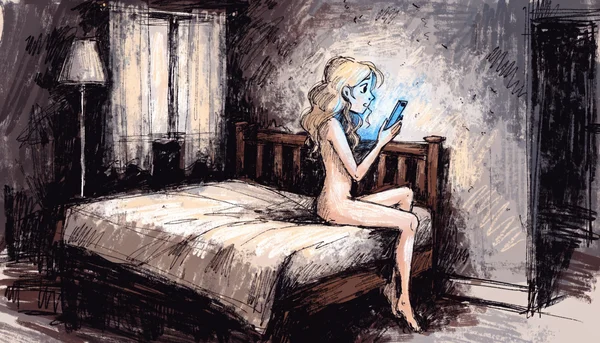 Une personne seule assise sur le bord d'un lit, regardant fixement son téléphone portable dans une chambre sombre, éclairée uniquement par la lumière bleue de l'écran