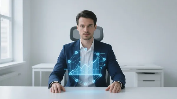 Un professionnel moderne assis à un bureau minimaliste, collaborant avec une interface holographique d'intelligence artificielle flottant devant lui, lumière naturelle de bureau, composition centrée