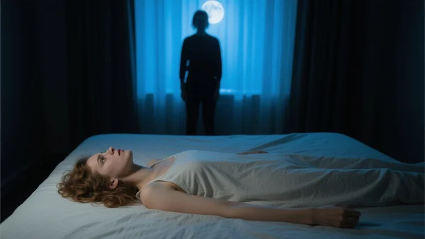 Vue en plongée d'une personne allongée immobile dans un lit dans une chambre sombre, avec une silhouette sombre et floue se tenant debout dans l'ombre au pied du lit, lumière lunaire bleutée filtrant à travers les rideaux