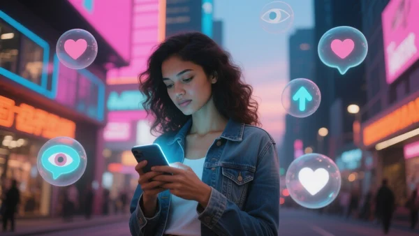 Personne regardant intensivement son écran de smartphone dans un environnement urbain lumineux, entourée de notifications flottantes représentant des likes et des vues