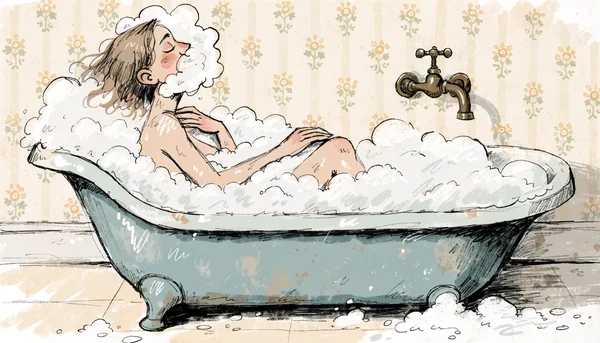 Une personne nue, assise seule et sereine dans un bain moussant, les mains caressant doucement son propre bras, ambiance apaisante