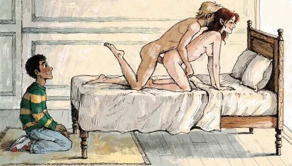 Femme nue en position à quatre pattes, pénétrée par un homme nu derrière elle, le partenaire de la femme à genoux à côté du lit qui regarde la scène