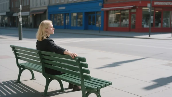 Une femme assise seule sur un banc public en ville, vue de profil, le regard perdu dans le vide, éclairage naturel de fin de journée avec des ombres allongées
