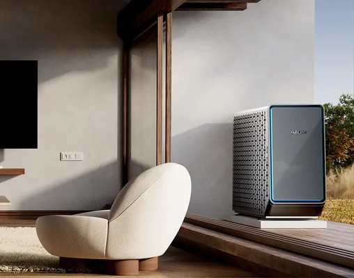 Appareil 'FAIRLANE' sur une terrasse en bois à côté d'un intérieur moderne.