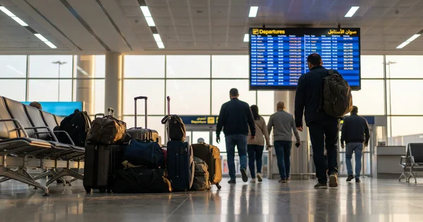 Des voyageurs se dirigent vers le tableau des départs dans un aéroport, avec des bagages entassés près des sièges.