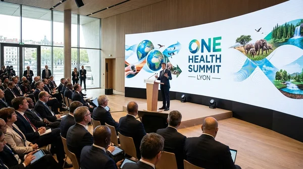 Un intervenant au micro devant un écran thématique lors du One Health Summit à Lyon.