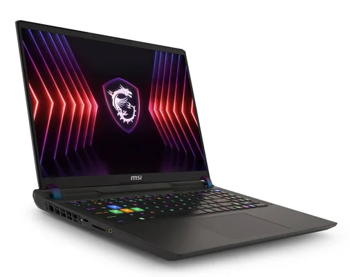 Le modèle MSI Vector 16 HX montrant son profil fin et ses connecteurs latéraux sur fond sombre.