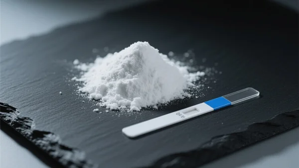 Vue rapprochée d'une poudre blanche anonyme et d'une bandelette de test chimique posée à côté sur une surface sombre, avec un éclairage froid et clinique