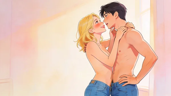 Couple d'adultes en jean se frottant l'un contre l'autre en position debout, torses pressés, visages proches dans une attitude de désir