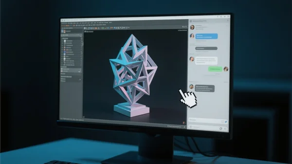 Vue rapprochée d'un écran d'ordinateur affichant une interface de logiciel de création 3D complexe avec un panneau de discussion latéral où un curseur interagit avec des menus de rendu, éclairage studio tamisé