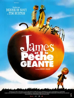 Affiche officielle de James et la Pêche Géante avec le jeune James devant le pêche géant.