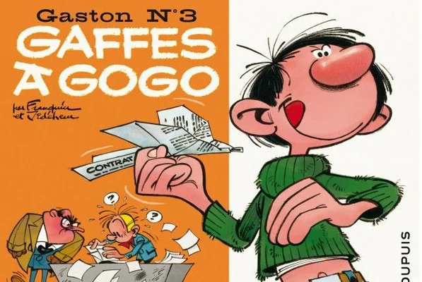Couverture de l'album 'Gaffes à gogo' illustrant le chaos quotidien de Gaston.