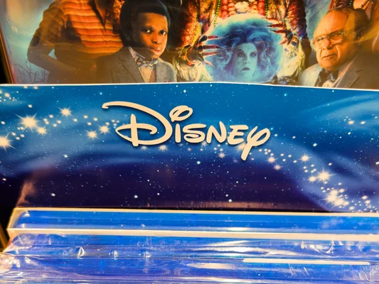 Un affichage promotionnel Disney présentant divers personnages de films sur un fond étoilé.