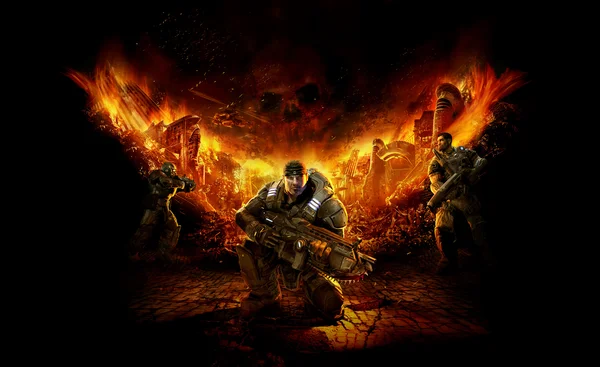 Représentation des soldats de l'univers Gears of War dans un décor apocalyptique.