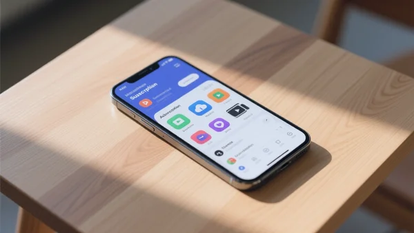Un smartphone posé sur une table en bois clair affichant l'interface d'une application de gestion d'abonnement avec des icônes colorées pour le stockage cloud et le streaming vidéo, lumière naturelle du matin