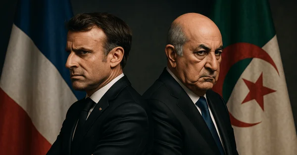 Conférence de presse à Alger en 2017 devant les drapeaux français, européens et algériens.