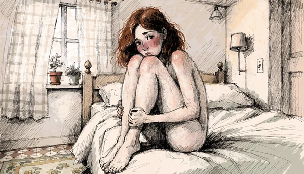 Femme nue dans sa chambre à coucher, se grattant l'intérieur de la cuisse, expression de gêne sur son visage