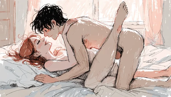 Femme nue allongée sur le dos dans un lit, les jambes légèrement écartées, recevant une pénétration vaginale par un partenaire nu en position missionnaire, lumière naturelle