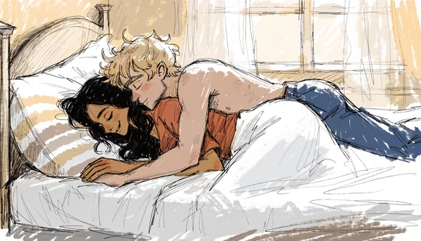 Un couple nu enlacé dans un lit, l'homme chuchotant quelque chose à l'oreille de la femme, ambiance feutrée et complice