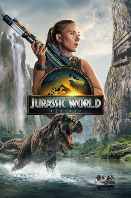 Affiche promotionnelle de Jurassic World: Rebirth avec Scarlett Johansson et un dinosaure T-Rex.