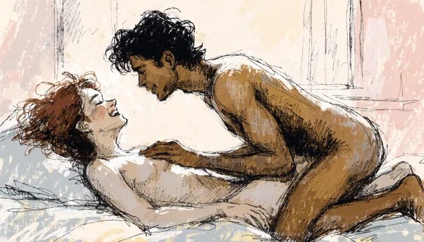 Gros plan sur des mains nues explorant avec douceur le torse et les hanches d'un partenaire nu, mettant l'accent sur le toucher et la sensualité cutanée