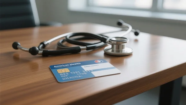 Vue rapprochée d'une carte d'assurance santé américaine posée sur une table en bois, avec un stéthoscope en arrière-plan flou, lumière naturelle de bureau
