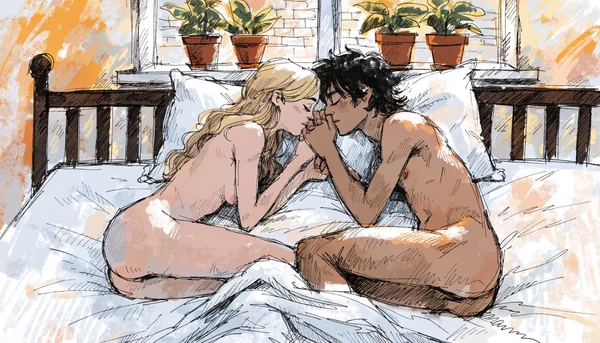 Couple nu allongé face à face sur un lit, front contre front, les yeux fermés et les mains entrelacées, exprimant une tension nerveuse et une vulnérabilité