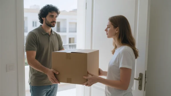 Un chauffeur Uber en tenue décontractée récupérant un colis emballé dans un carton kraft des mains d'un client sur le pas d'une porte d'appartement, lumière naturelle de jour
