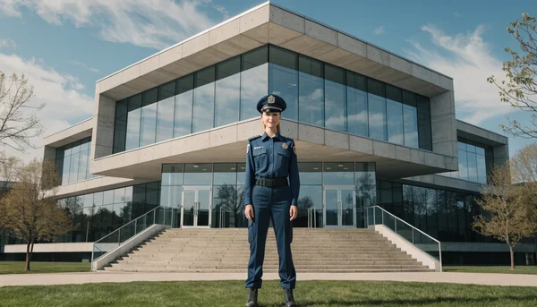Vue extérieure du bâtiment moderne de l'École Nationale Supérieure de la Police à Saint-Cyr, façade en verre et béton sous un ciel bleu
