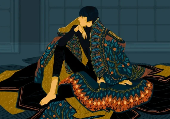 Illustration de l'artiste Juliette Brocal montrant un personnage assis dans un style décoratif.