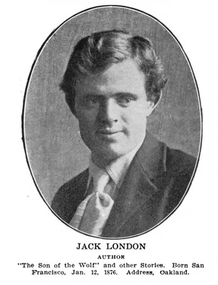 Portrait photographique de Jack London, l'auteur américain, vêtu d'un costume et d'une cravate, dans un cadre ovale.