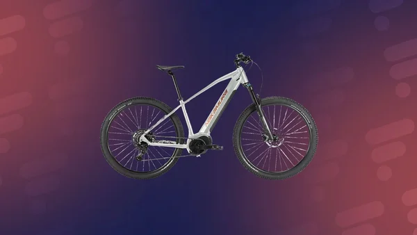 VTT électrique argenté distingué par son moteur central intégré.