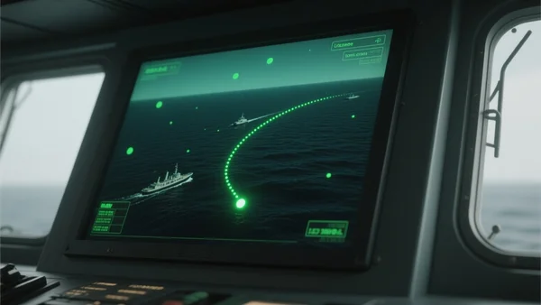 Écran de radar de bord de navire montrant une carte numérique sombre avec des points verts et un trajet en pointillés s'interrompant brusquement en pleine mer