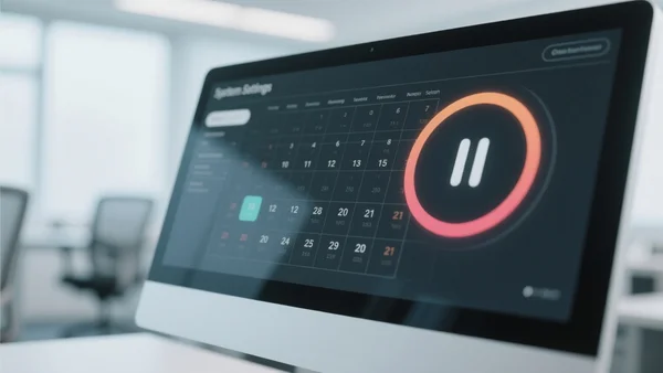 Vue rapprochée d'un écran d'ordinateur affichant une interface de paramètres système moderne avec un calendrier de planification et un bouton de pause, lumière douce de bureau en arrière-plan