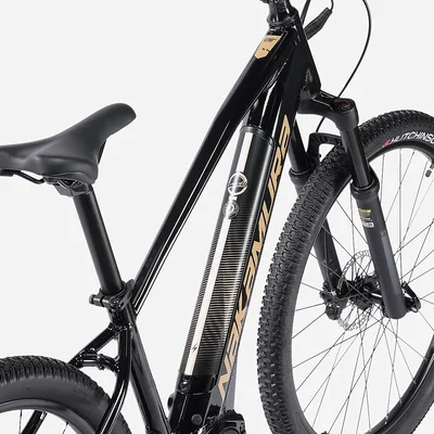 Détail des pneus Hutchinson et du cadre Merida du VTT.