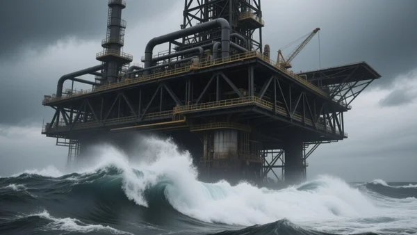 Vue en contre-plongée d'une plateforme pétrolière massive et sombre se détachant sur un ciel d'orage gris et menaçant, avec des vagues agitées au premier plan