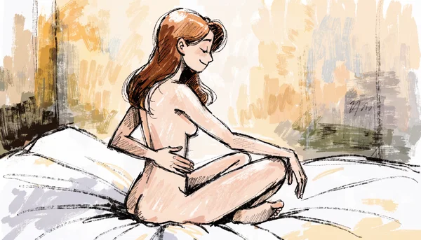 Femme nue pratiquant des exercices de Kegel dans une position assise confortable, main posée sur le bas du ventre pour sentir la contraction, expression détendue
