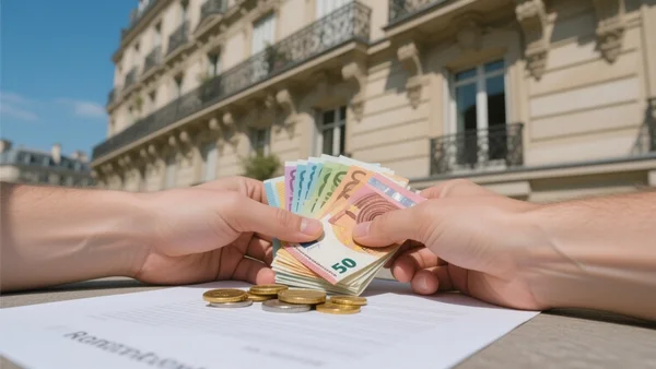 Gros plan sur des mains tenant des billets de banque et des pièces de monnaie posés sur un contrat de location d'appartement, avec en arrière-plan flou une vue typique d'un immeuble haussmannien parisien