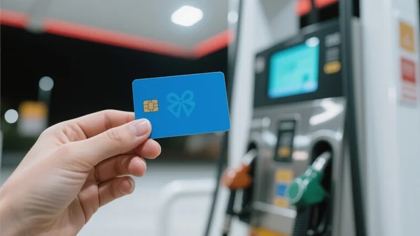 Gros plan sur une main tenant une carte-cadeau en plastique devant une pompe à essence moderne dans une station-service lumineuse