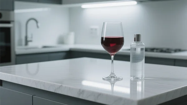Gros plan sur un verre de vin rouge et un flacon de produit démaquillant posés sur un plan de travail de cuisine moderne, lumière froide et clinique